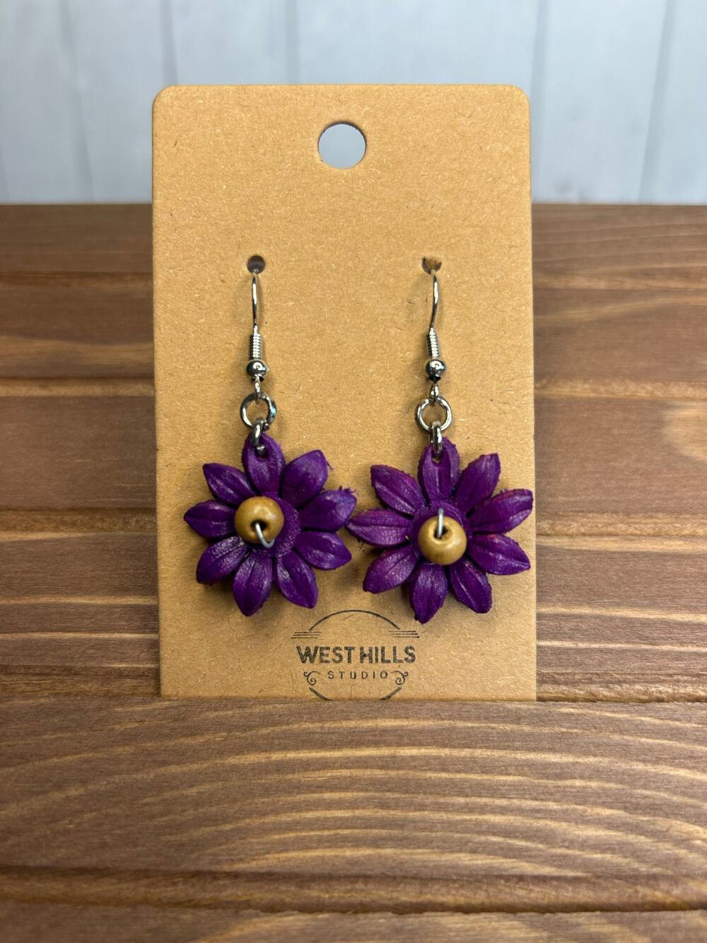 Genuine Leather Flower Earrings Purple Daisy Dangle Earrings NEW!  FAST SHIP